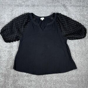 Umgee Top Women's Medium Black Puff‎ Sleeves Split Neckline Gauzy Lightweight